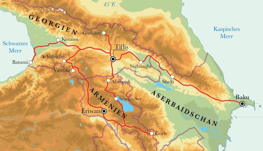 Route Rundreise Aserbaidschan, Georgien & Armenien, 21 Tage Route Rundreise Aserbaidschan, Georgien & Armenien, 21 Tage