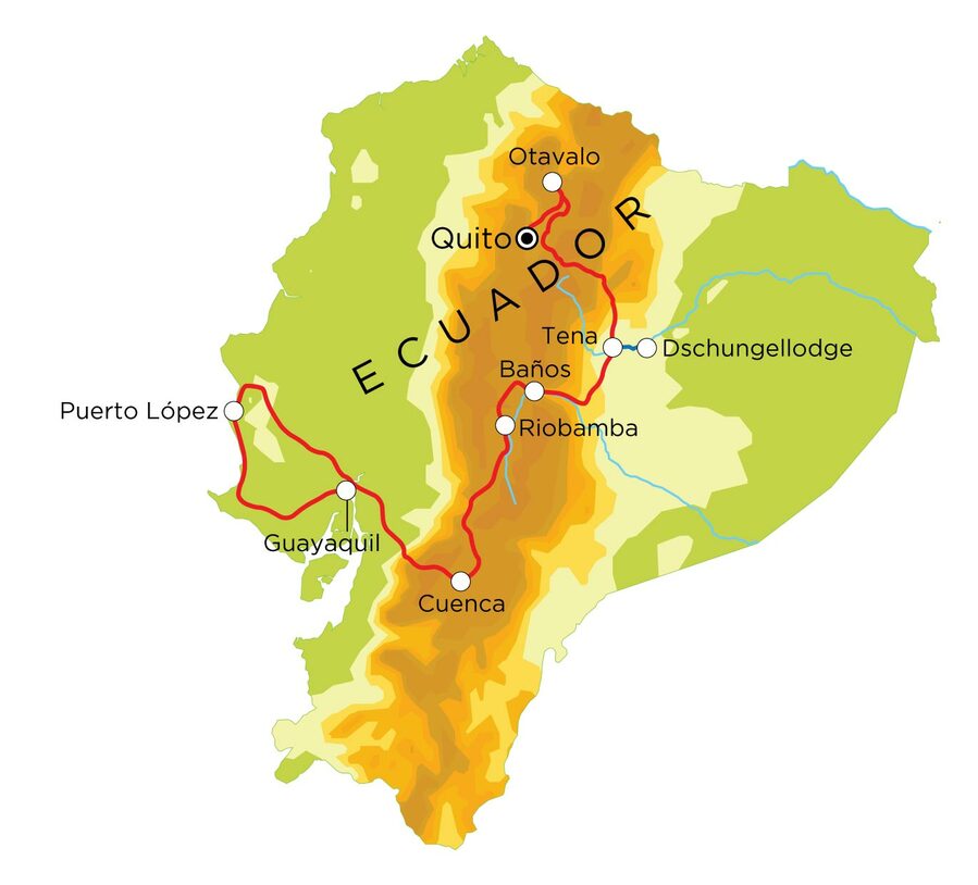 Routekaart Familienreise Ecuador, 21 Tage