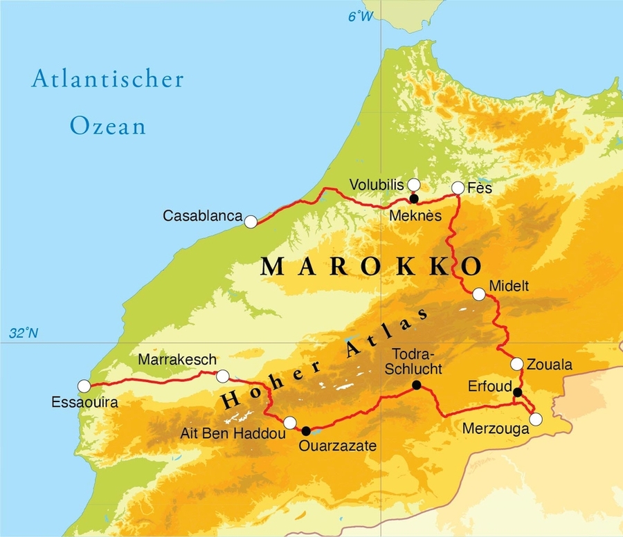Routekaart Familienreise Marokko, 9 Tage