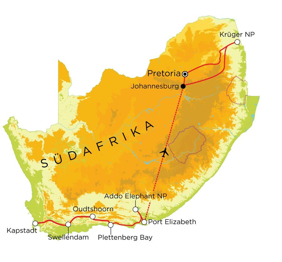 Routekaart Familienreise Südafrika mit Krüger Nationalpark, 15 Tage