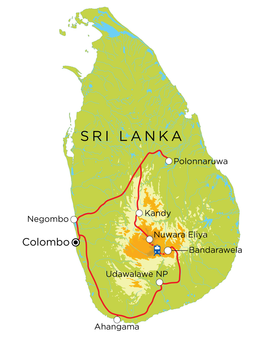 Routekaart Familienreise Sri Lanka, 15 Tage