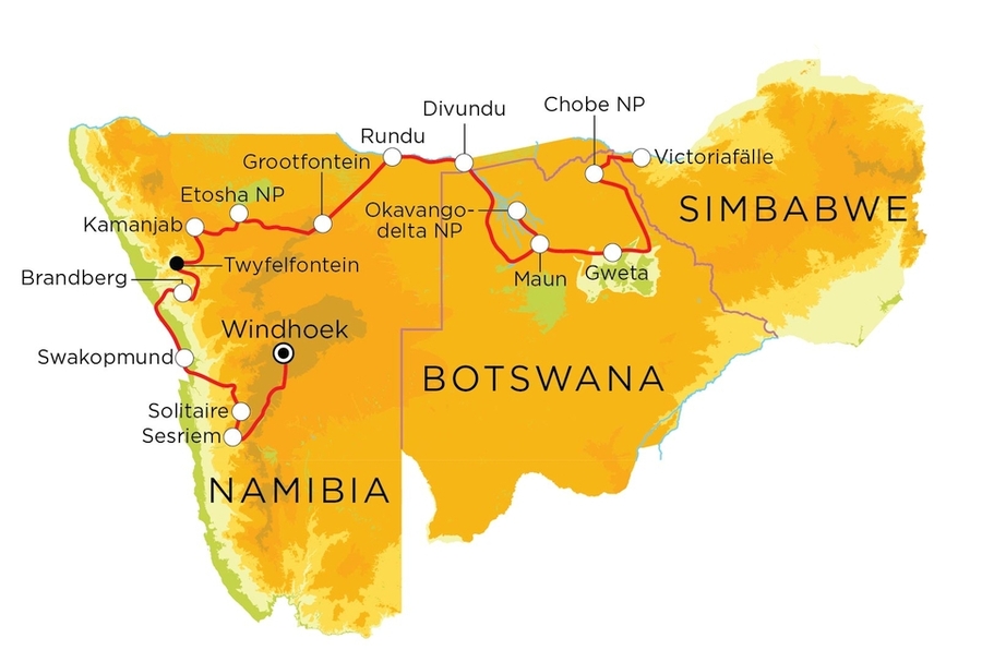 Routekaart Familienreise Namibia, Botswana & Simbabwe, 22 Tage
