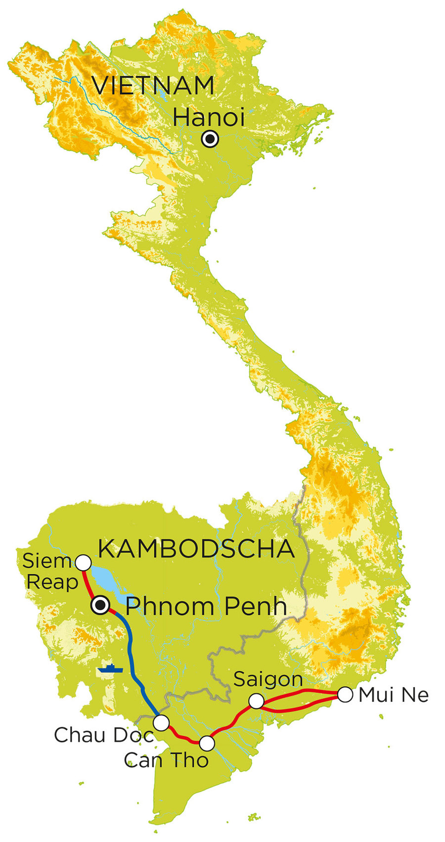 Routekaart Familienreise Vietnam & Kambodscha, 15 Tage