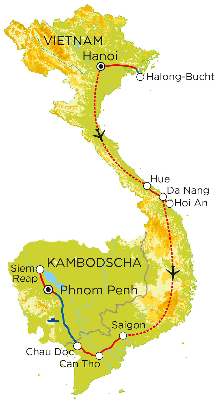Routekaart Familienreise Vietnam & Kambodscha, 22 Tage