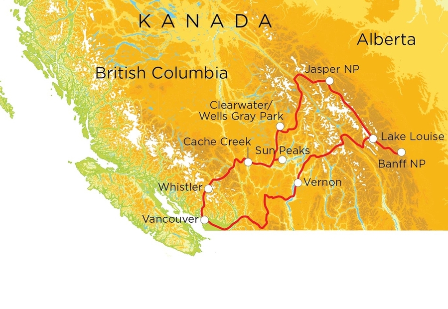 Routekaart Familienreise Kanada, 20 Tage