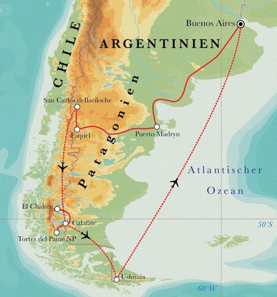 Routenverlauf Rundreise Argentinien & Chile, 23 Tage Routenverlauf Rundreise Argentinien & Chile, 23 Tage