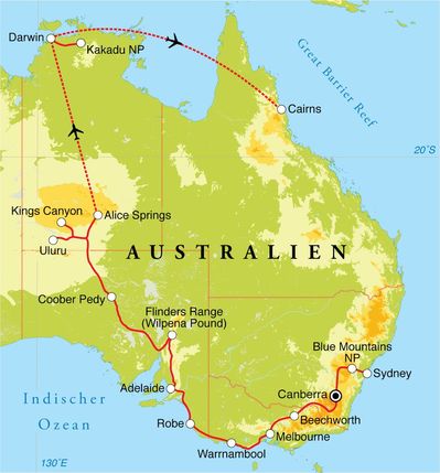 Routenverlauf Rundreise Australien, 28 Tage Routenverlauf Rundreise Australien, 28 Tage