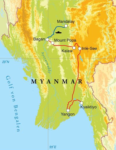 Routenverlauf Rundreise Myanmar, 17 Tage Routenverlauf Rundreise Myanmar, 17 Tage