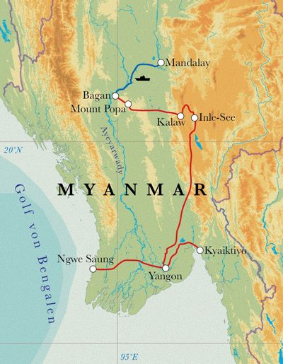 Routenverlauf Rundreise Myanmar, 21 Tage Routenverlauf Rundreise Myanmar, 21 Tage