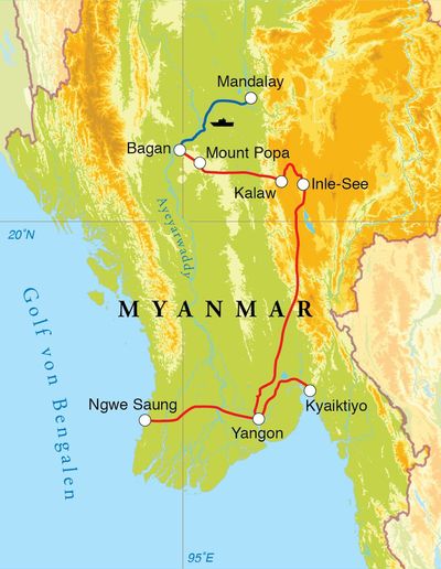Routenverlauf Rundreise Myanmar, 21 Tage Routenverlauf Rundreise Myanmar, 21 Tage