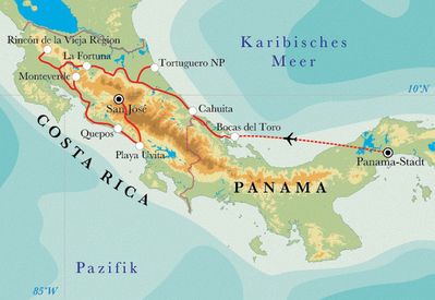 Routenverlauf Rundreise Costa Rica & Panama, 22 Tage Routenverlauf Rundreise Costa Rica & Panama, 22 Tage
