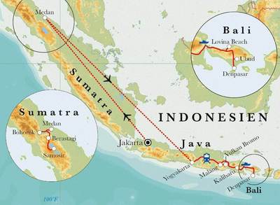 Routenverlauf Rundreise Indonesien: Sumatra, Java & Bali, 21 Tage Routenverlauf Rundreise Indonesien: Sumatra, Java & Bali, 21 Tage