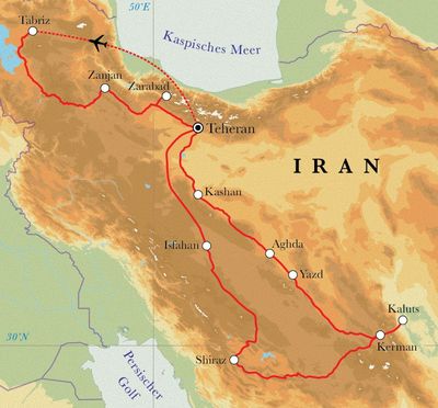 Routenverlauf Rundreise Iran, 21 Tage Routenverlauf Rundreise Iran, 21 Tage