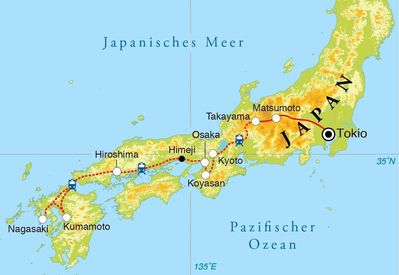 Routenverlauf Rundreise Japan, 21/22 Tage Routenverlauf Rundreise Japan, 21/22 Tage