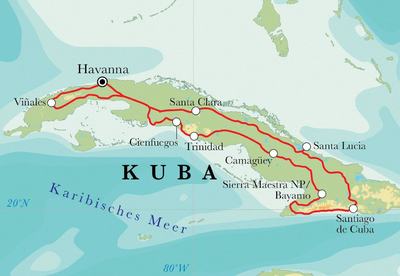 Routenverlauf Rundreise Kuba, 20 Tage Routenverlauf Rundreise Kuba, 20 Tage