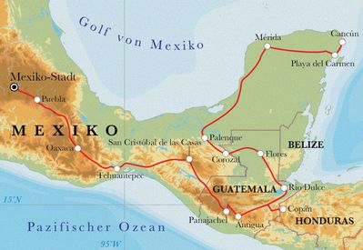 Routenverlauf Rundreise Mexiko & Guatemala mit Honduras, 24/25 Tage Routenverlauf Rundreise Mexiko & Guatemala mit Honduras, 24/25 Tage