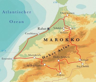Routenverlauf Rundreise Marokko, 20 Tage Routenverlauf Rundreise Marokko, 20 Tage
