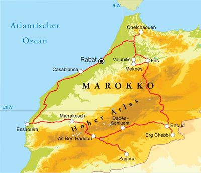 Routenverlauf Rundreise Marokko, 20 Tage Routenverlauf Rundreise Marokko, 20 Tage