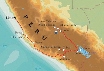 Routenverlauf Rundreise Peru, 21/22 Tage Routenverlauf Rundreise Peru, 21/22 Tage