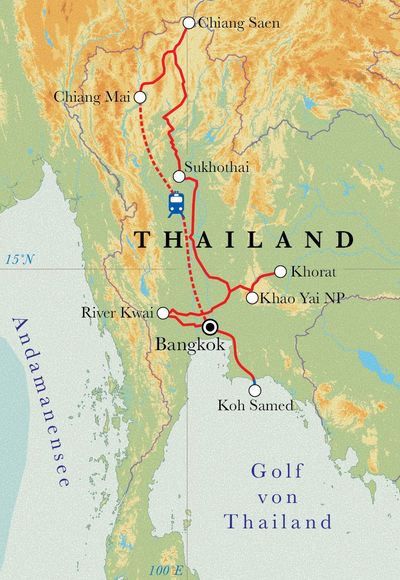 Routenverlauf Rundreise Thailand, 21 Tage Routenverlauf Rundreise Thailand, 21 Tage