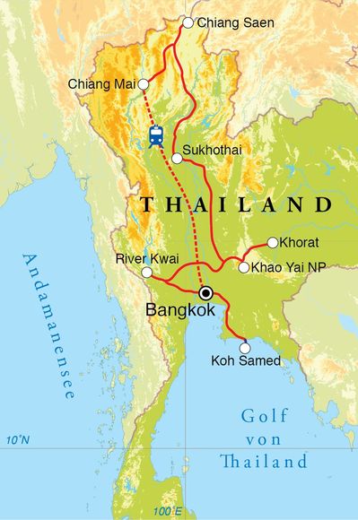 Routenverlauf Rundreise Thailand, 21 Tage Routenverlauf Rundreise Thailand, 21 Tage