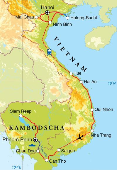Routenverlauf Rundreise Vietnam & Kambodscha, 27 Tage Routenverlauf Rundreise Vietnam & Kambodscha, 27 Tage
