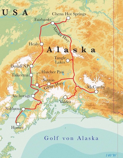 Routenverlauf Rundreise Alaska, 21 Tage Routenverlauf Rundreise Alaska, 21 Tage