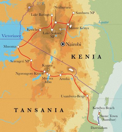 Routenverlauf Rundreise Kenia, Tansania & Sansibar, 21 Tage Zeltsafari Routenverlauf Rundreise Kenia, Tansania & Sansibar, 21 Tage Zeltsafari