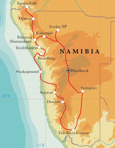 Routenverlauf Rundreise Namibia, 21 Tage Zeltsafari Routenverlauf Rundreise Namibia, 21 Tage Zeltsafari