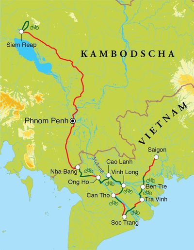 Routenverlauf Vietnam & Kambodscha, 18 Tage Fahrradreise Routenverlauf Vietnam & Kambodscha, 18 Tage Fahrradreise