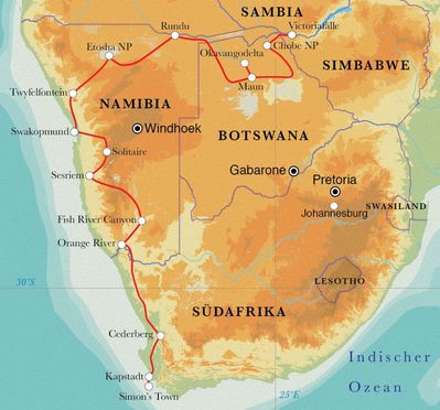 Routenverlauf Rundreise Südafrika, Namibia, Botswana & Simbabwe, 24 Tage Zeltsafari Routenverlauf Rundreise Südafrika, Namibia, Botswana & Simbabwe, 24 Tage Zeltsafari