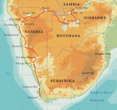 Routekaart Rundreise Südafrika, Namibia, Botswana & Simbabwe, 24 Tage Hotel- & Lodgesafari Routekaart Rundreise Südafrika, Namibia, Botswana & Simbabwe, 24 Tage Hotel- & Lodgesafari