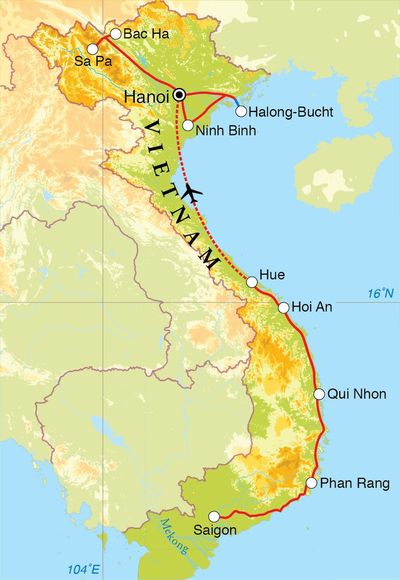 Routenverlauf Rundreise Vietnam, 22 Tage Routenverlauf Rundreise Vietnam, 22 Tage