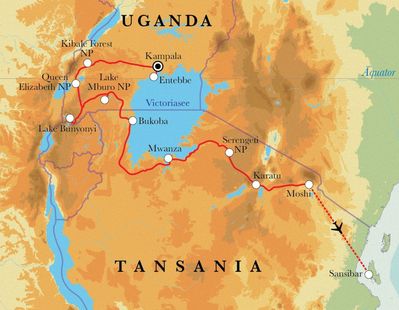 Routenverlauf Rundreise Uganda, Tansania & Sansibar, 22 Tage Routenverlauf Rundreise Uganda, Tansania & Sansibar, 22 Tage