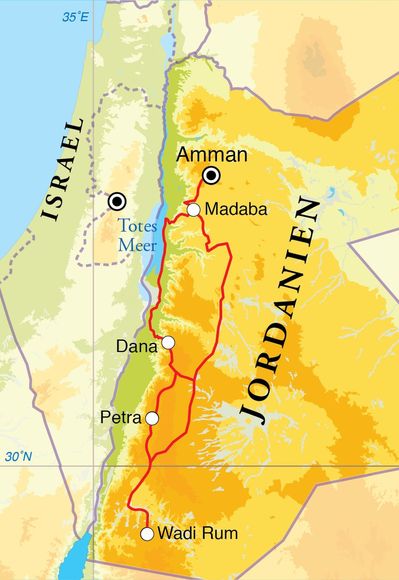 Routenverlauf Jordanien, 9 Tage Wanderreise Routenverlauf Jordanien, 9 Tage Wanderreise
