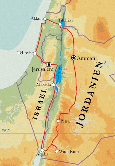 Routenverlauf Rundreise Israel & Jordanien, 15 Tage Routenverlauf Rundreise Israel & Jordanien, 15 Tage
