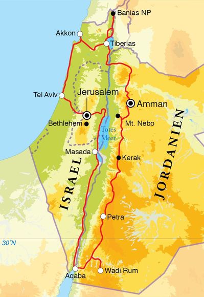 Routenverlauf Rundreise Israel & Jordanien, 15 Tage Routenverlauf Rundreise Israel & Jordanien, 15 Tage