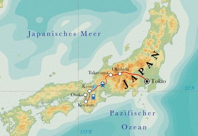 Routekaart Rundreise Japan, 16 Tage Routekaart Rundreise Japan, 16 Tage