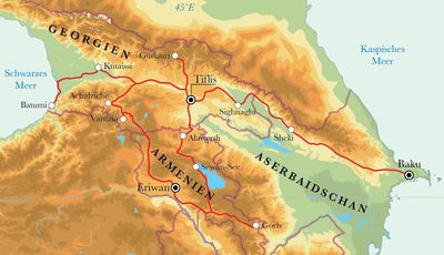 Routenverlauf Rundreise Aserbaidschan, Georgien & Armenien, 21 Tage Routenverlauf Rundreise Aserbaidschan, Georgien & Armenien, 21 Tage
