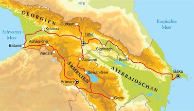 Routenverlauf Rundreise Aserbaidschan, Georgien & Armenien, 21 Tage Routenverlauf Rundreise Aserbaidschan, Georgien & Armenien, 21 Tage