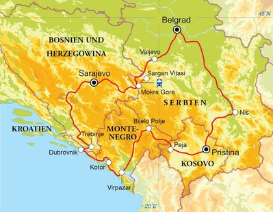 Routenverlauf Rundreise Serbien, Bosnien & Herzegovina, Kroatien, Montenegro & Kosovo, 15 Tage Routenverlauf Rundreise Serbien, Bosnien & Herzegovina, Kroatien, Montenegro & Kosovo, 15 Tage