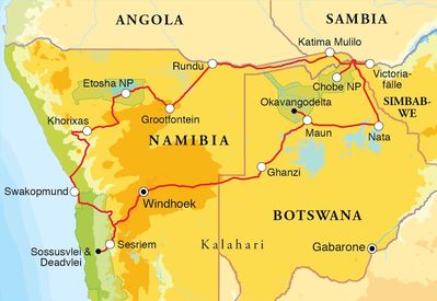 Routenverlauf Rundreise Namibia, Botswana & Victoriafälle, 21 Tage, Zeltsafari oder Hotel- & Lodgesafari Routenverlauf Rundreise Namibia, Botswana & Victoriafälle, 21 Tage, Zeltsafari oder Hotel- & Lodgesafari