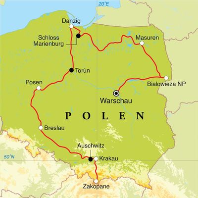 Routenverlauf Rundreise Polen, 14 Tage Routenverlauf Rundreise Polen, 14 Tage