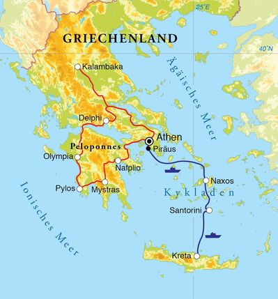 Routenverlauf Rundreise Griechenland, 18 Tage Routenverlauf Rundreise Griechenland, 18 Tage