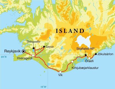 Routenverlauf Winterreise Island, 7 Tage Routenverlauf Winterreise Island, 7 Tage