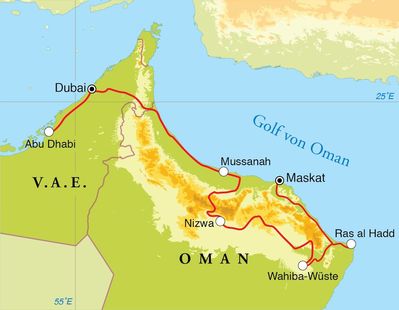 Routenverlauf Rundreise Oman, Dubai & Abu Dhabi, 12 Tage Routenverlauf Rundreise Oman, Dubai & Abu Dhabi, 12 Tage