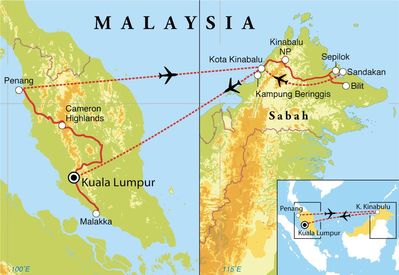 Routenverlauf Rundreise Malaysia, 20 Tage Routenverlauf Rundreise Malaysia, 20 Tage