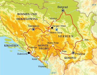 Routenverlauf Rundreise Balkan, 15 Tage Routenverlauf Rundreise Balkan, 15 Tage