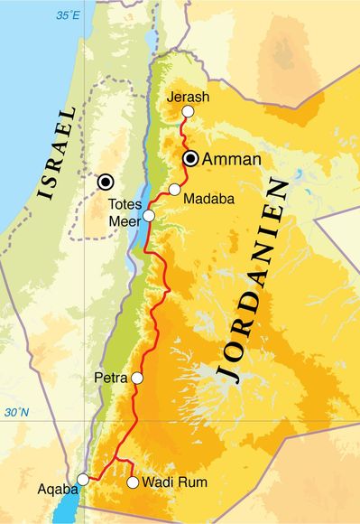 Routenverlauf Rundreise Jordanien, 12 Tage Routenverlauf Rundreise Jordanien, 12 Tage