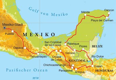 Routenverlauf Rundreise Mexiko & Guatemala mit Honduras, 24 Tage Routenverlauf Rundreise Mexiko & Guatemala mit Honduras, 24 Tage